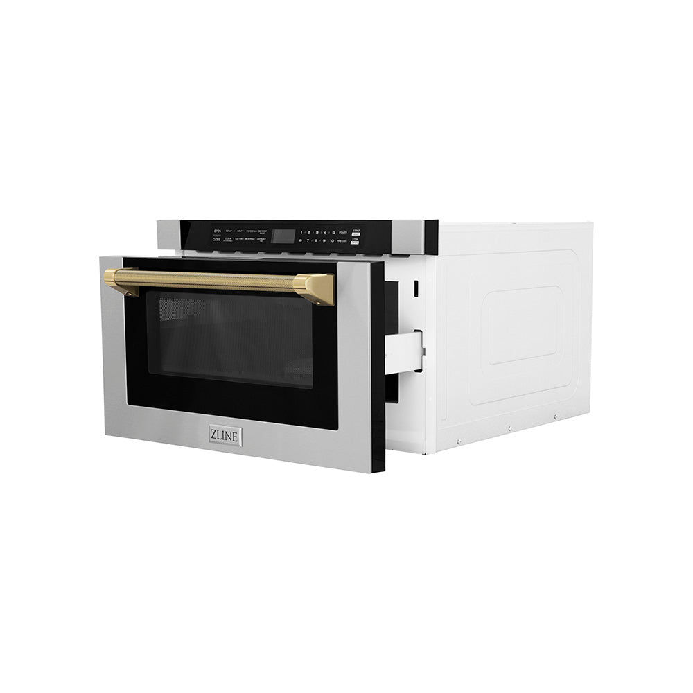 ZLINE Autograph Edition 24 in. 1.2 cu. ft. Built-in Microwave Drawer in Stainless Steel and Polished Gold Helix Handle (MWDZ-1-H-KG)