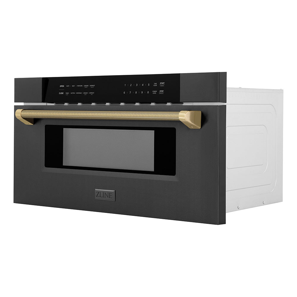 ZLINE Autograph Edition 30 in. 1.2 cu. ft. Built-in Microwave Drawer in Black Stainless Steel and Champagne Bronze Helix Handle (MWDZ-30-BS-KCB)