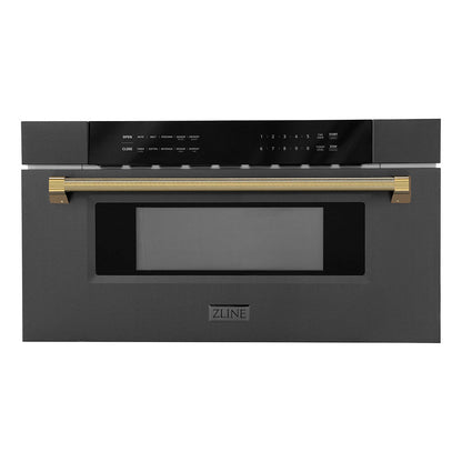 ZLINE Autograph Edition 30 in. 1.2 cu. ft. Built-in Microwave Drawer in Black Stainless Steel and Polished Gold Helix Handle (MWDZ-30-BS-KG)