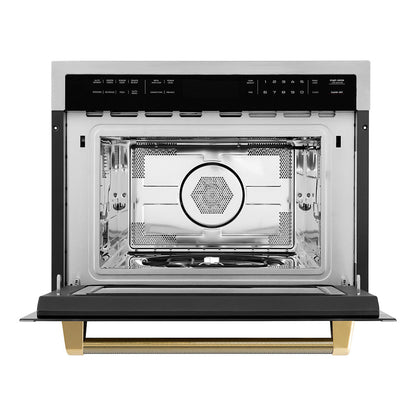 ZLINE Autograph Edition 24 in. 1.6 cu ft. Built-in Convection Microwave Oven in Stainless Steel and Polished Gold Helix Handle (MWOZ-24-KG)
