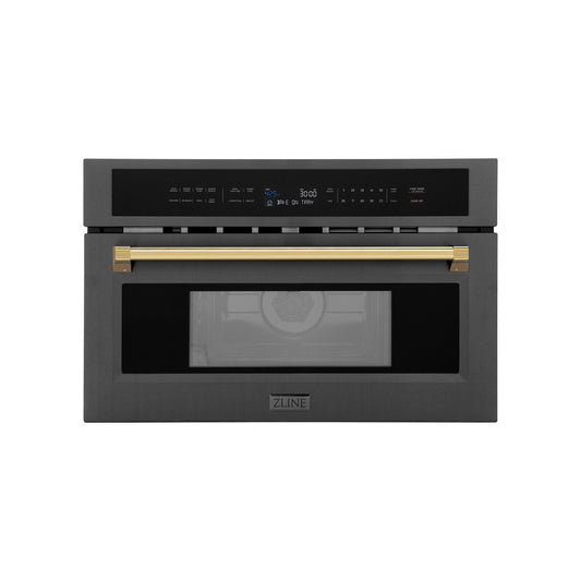 ZLINE Autograph Edition 30” 1.6 cu ft. Built-in Convection Microwave Oven in Black Stainless Steel and Polished Gold  Accents (MWOZ-30-BS-G)
