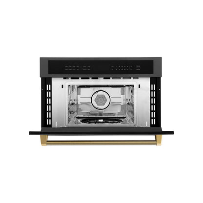 ZLINE Autograph Edition 30 in. 1.6 cu ft. Built-in Convection Microwave Oven in Black Stainless Steel and Polished Gold Helix Handle (MWOZ-30-BS-KG)