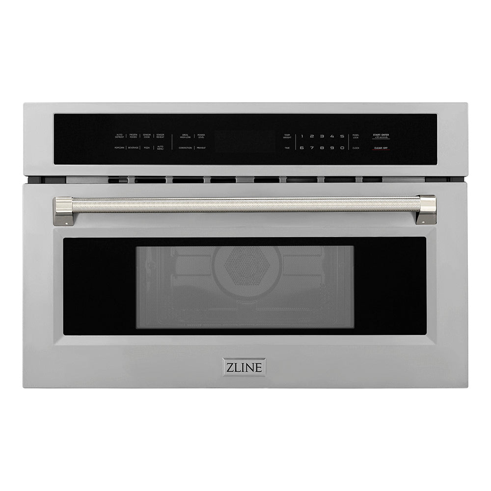 ZLINE Autograph Edition 30 in. 1.6 cu ft. Built-in Convection Microwave Oven in Stainless Steel and Polished Nickel Helix Handle (MWOZ-30-KPN)