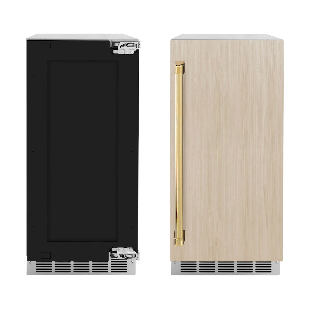 ZLINE Autograph Edition 15 in. Touchstone Clear Cube Ice Maker with Drain Pump and Panel Ready Door with Polished Gold Handle (ICCDPZ-15-G)