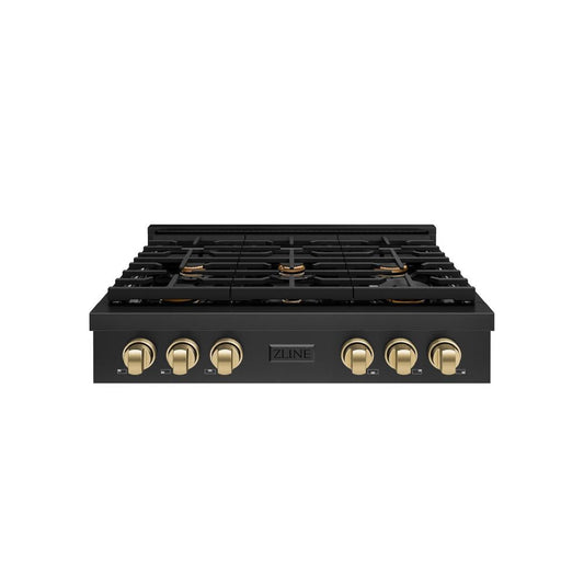 ZLINE Autograph Edition 36 in. Paramount Gas Rangetop with 6 Burners and Porcelain Cooktop in Black Stainless Steel with Champagne Bronze Accents (SRTBZ-36-CB)