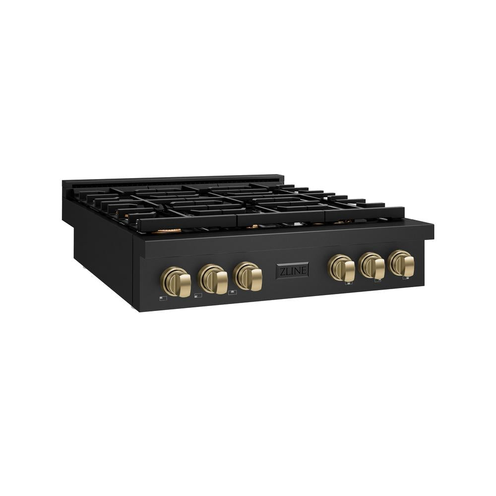 ZLINE Autograph Edition 36 in. Paramount Gas Rangetop with 6 Burners and Porcelain Cooktop in Black Stainless Steel with Champagne Bronze Accents (SRTBZ-36-CB)