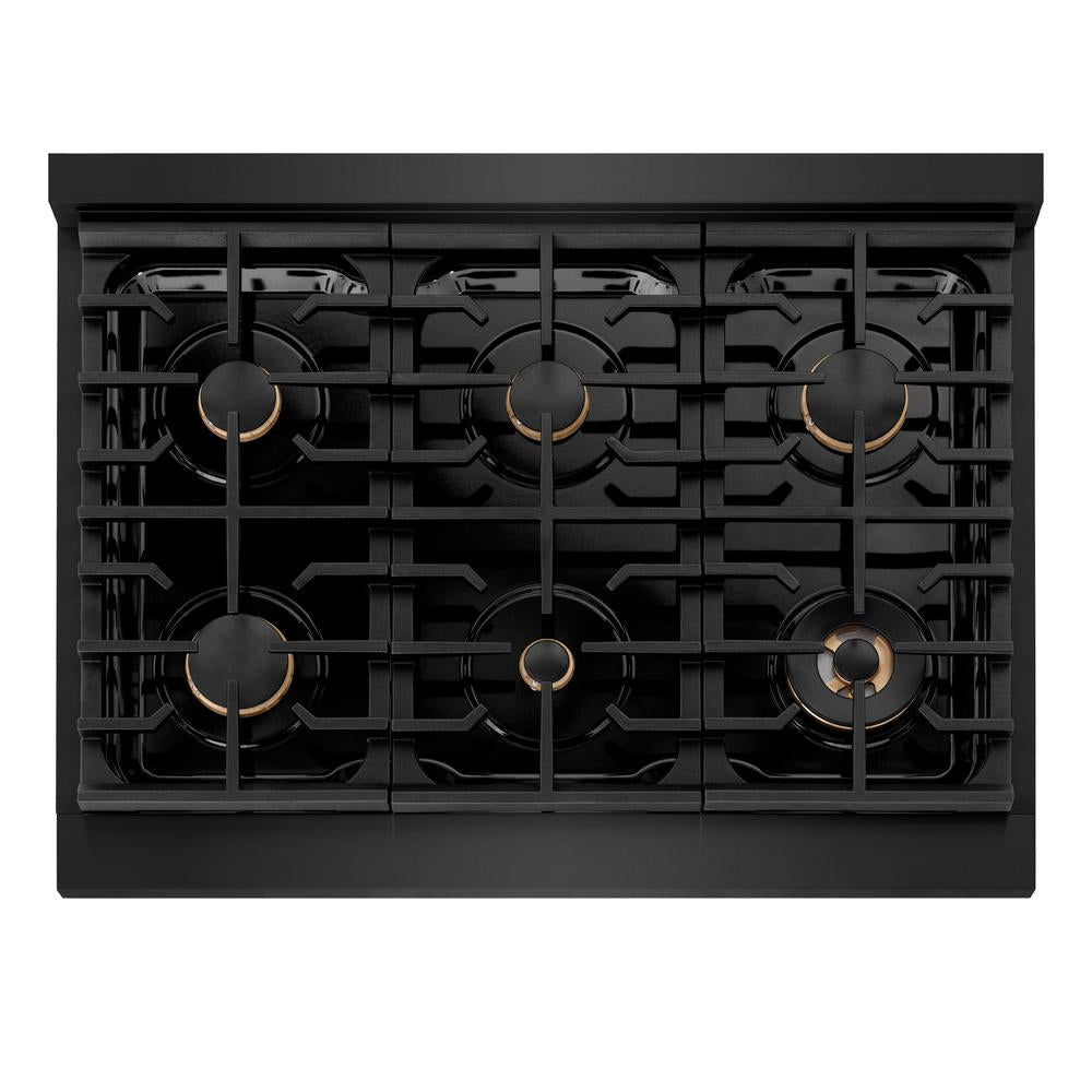 ZLINE Autograph Edition 36 in. Paramount Gas Rangetop with 6 Burners and Porcelain Cooktop in Black Stainless Steel with Champagne Bronze Accents (SRTBZ-36-CB)