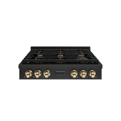 ZLINE Autograph Edition 36 in. Paramount Gas Rangetop with 6 Burners and Porcelain Cooktop in Black Stainless Steel with Polished Gold Accents (SRTBZ-36-G)