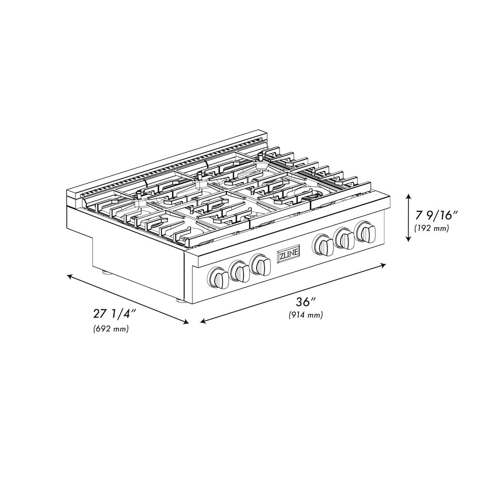 ZLINE 36 in. Paramount Gas Rangetop with 6 Burners and Porcelain Cooktop in Black Stainless Steel (SRTB-36)