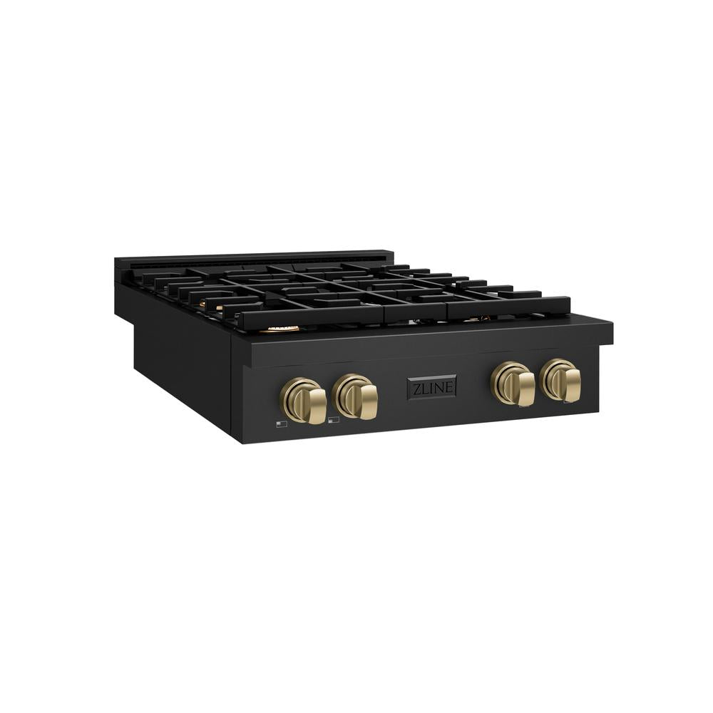 ZLINE Autograph Edition 30 in. Paramount Gas Rangetop with 4 Burners and Porcelain Cooktop in Black Stainless Steel with Champagne Bronze Accents (SRTBZ-30-CB)