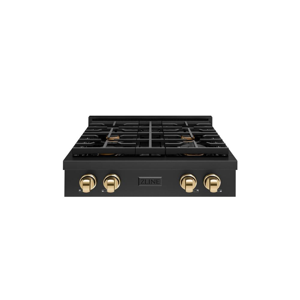 ZLINE Autograph Edition 30 in. Paramount Gas Rangetop with 4 Burners and Porcelain Cooktop in Black Stainless Steel with Polished Gold Accents (SRTBZ-30-G)