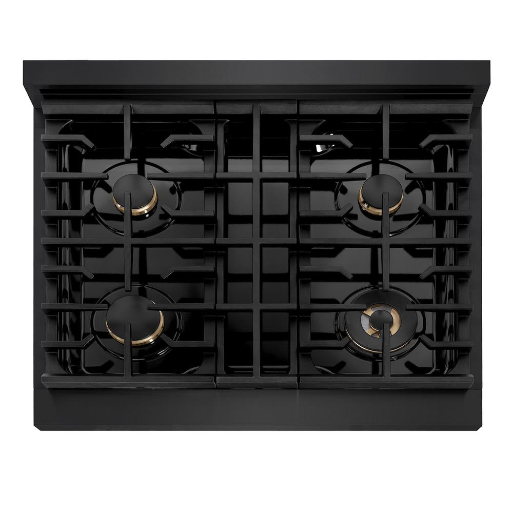 ZLINE Autograph Edition 30 in. Paramount Gas Rangetop with 4 Burners and Porcelain Cooktop in Black Stainless Steel with Polished Gold Accents (SRTBZ-30-G)