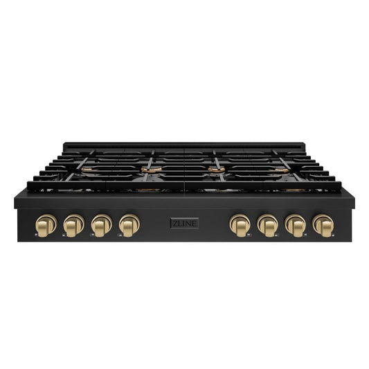 ZLINE Autograph Edition 48 in. Paramount Gas Rangetop with 8 Burners and Porcelain Cooktop in Black Stainless Steel with Champagne Bronze Accents (SRTBZ-48-CB)
