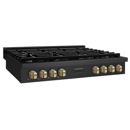 ZLINE Autograph Edition 48 in. Paramount Gas Rangetop with 8 Burners and Porcelain Cooktop in Black Stainless Steel with Champagne Bronze Accents (SRTBZ-48-CB)