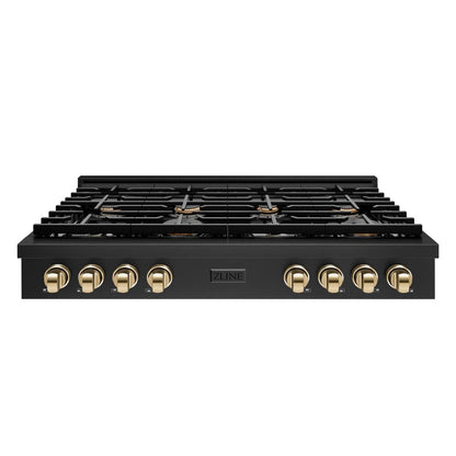 ZLINE Autograph Edition 48 in. Paramount Gas Rangetop with 8 Burners and Porcelain Cooktop in Black Stainless Steel with Polished Gold Accents (SRTBZ-48-G)