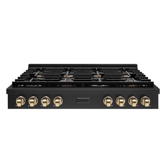 ZLINE Autograph Edition 48 in. Paramount Gas Rangetop with 8 Burners and Porcelain Cooktop in Black Stainless Steel with Polished Gold Accents (SRTBZ-48-G)