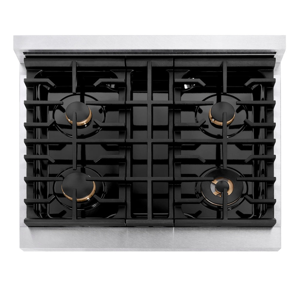 ZLINE Autograph Edition 30 in. Paramount Gas Rangetop with 4 Burners and Porcelain Cooktop in Satin Stainless Steel with Polished Gold Accents (SRTSZ-30-G)