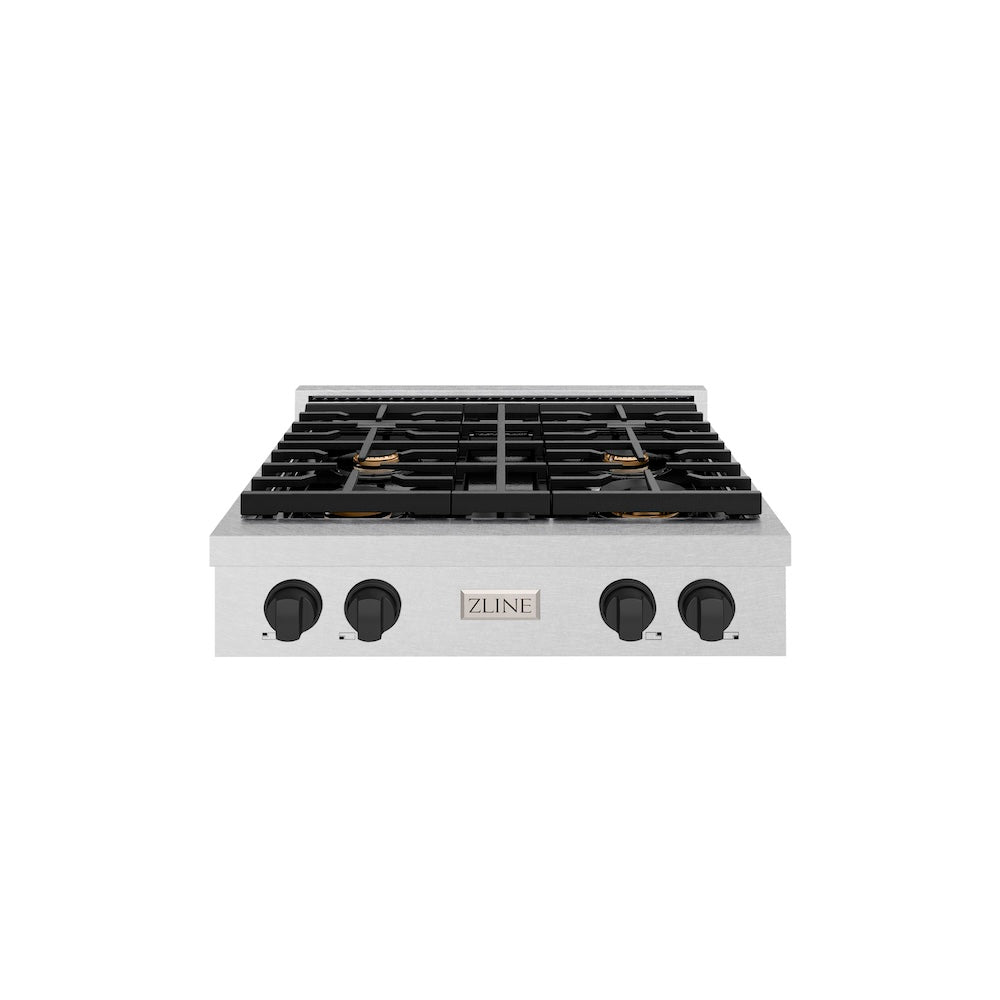 ZLINE Autograph Edition 30 in. Paramount Gas Rangetop with 4 Burners and Porcelain Cooktop in Satin Stainless Steel with Matte Black Accents (SRTSZ-30-MB)