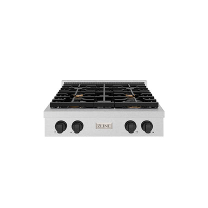 ZLINE Autograph Edition 30 in. Paramount Gas Rangetop with 4 Burners and Porcelain Cooktop in Satin Stainless Steel with Matte Black Accents (SRTSZ-30-MB)