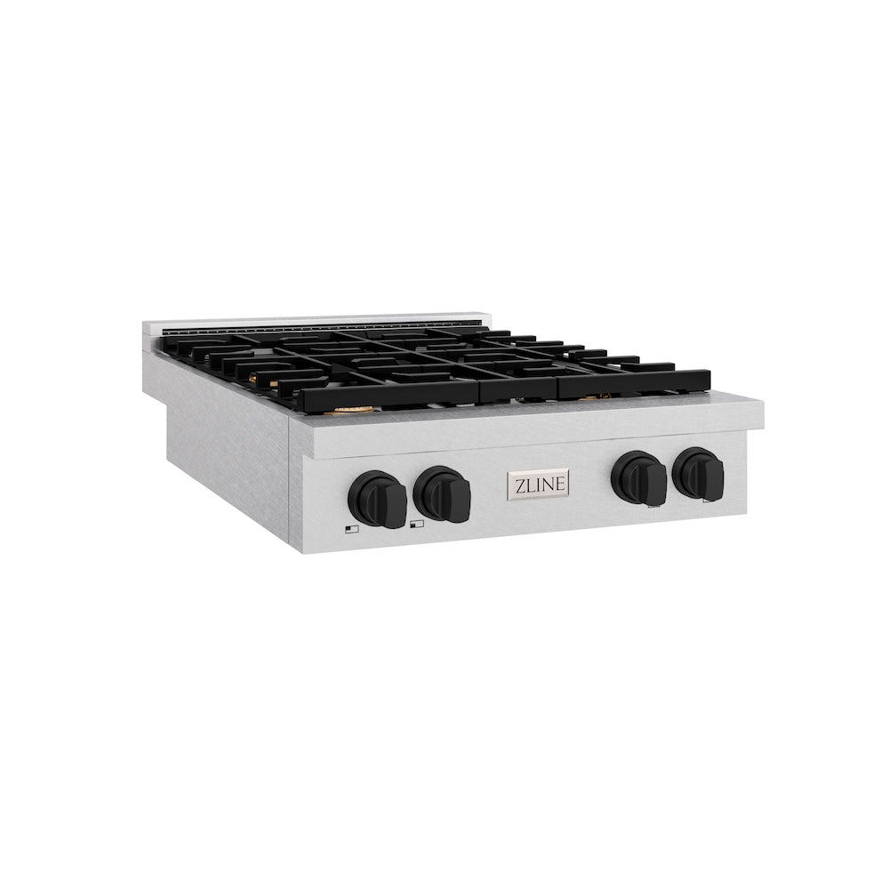 ZLINE Autograph Edition 30 in. Paramount Gas Rangetop with 4 Burners and Porcelain Cooktop in Satin Stainless Steel with Matte Black Accents (SRTSZ-30-MB)