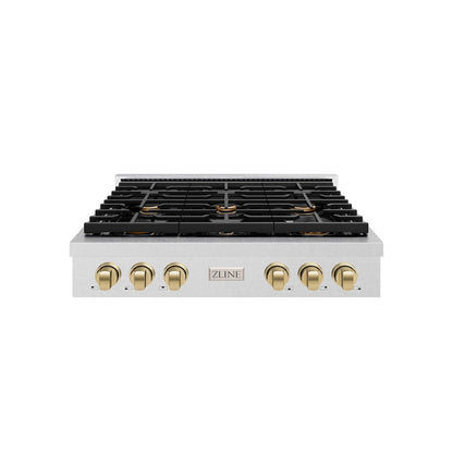 ZLINE Autograph Edition 36 in. Paramount Gas Rangetop with 6 Burners and Porcelain Cooktop in Satin Stainless Steel with Champagne Bronze Accents (SRTSZ-36-CB)