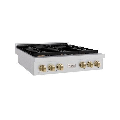 ZLINE Autograph Edition 36 in. Paramount Gas Rangetop with 6 Burners and Porcelain Cooktop in Satin Stainless Steel with Champagne Bronze Accents (SRTSZ-36-CB)
