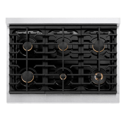 ZLINE Autograph Edition 36 in. Paramount Gas Rangetop with 6 Burners and Porcelain Cooktop in Satin Stainless Steel with Champagne Bronze Accents (SRTSZ-36-CB)