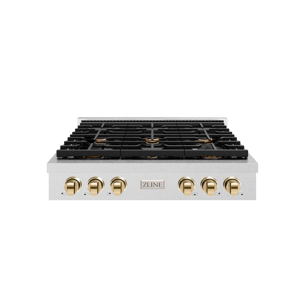ZLINE Autograph Edition 36 in. Paramount Gas Rangetop with 6 Burners and Porcelain Cooktop in Satin Stainless Steel with Polished Gold Accents (SRTSZ-36-G)