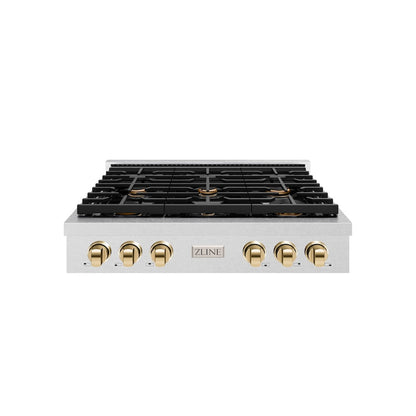 ZLINE Autograph Edition 36 in. Paramount Gas Rangetop with 6 Burners and Porcelain Cooktop in Satin Stainless Steel with Polished Gold Accents (SRTSZ-36-G)