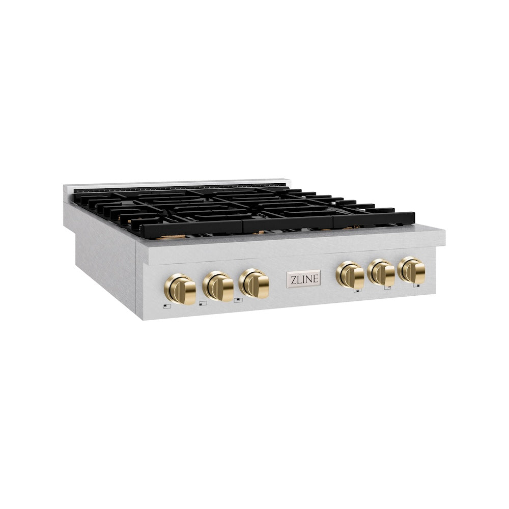 ZLINE Autograph Edition 36 in. Paramount Gas Rangetop with 6 Burners and Porcelain Cooktop in Satin Stainless Steel with Polished Gold Accents (SRTSZ-36-G)