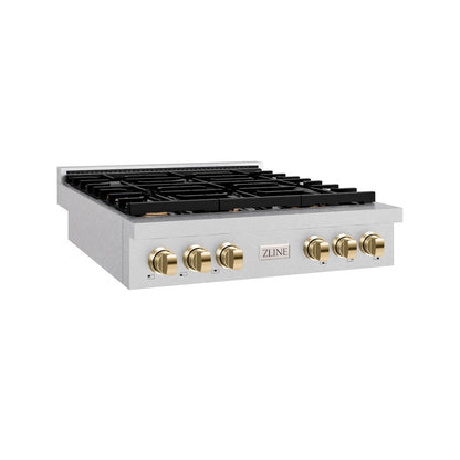 ZLINE Autograph Edition 36 in. Paramount Gas Rangetop with 6 Burners and Porcelain Cooktop in Satin Stainless Steel with Polished Gold Accents (SRTSZ-36-G)