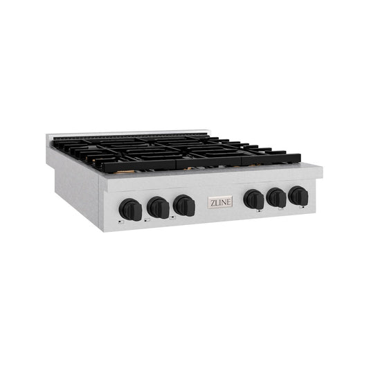 ZLINE Autograph Edition 36 in. Paramount Gas Rangetop with 6 Burners and Porcelain Cooktop in Satin Stainless Steel with Matte Black Accents (SRTSZ-36-MB)