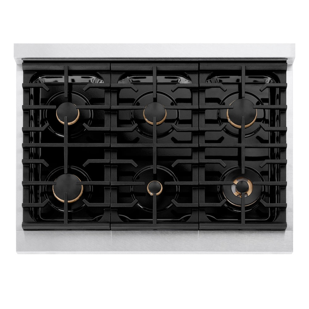ZLINE Autograph Edition 36 in. Paramount Gas Rangetop with 6 Burners and Porcelain Cooktop in Satin Stainless Steel with Matte Black Accents (SRTSZ-36-MB)