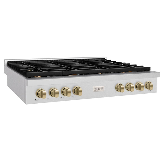ZLINE Autograph Edition 48 in. Paramount Gas Rangetop with 8 Burners and Porcelain Cooktop in Satin Stainless Steel with Champagne Bronze Accents (SRTSZ-48-CB)