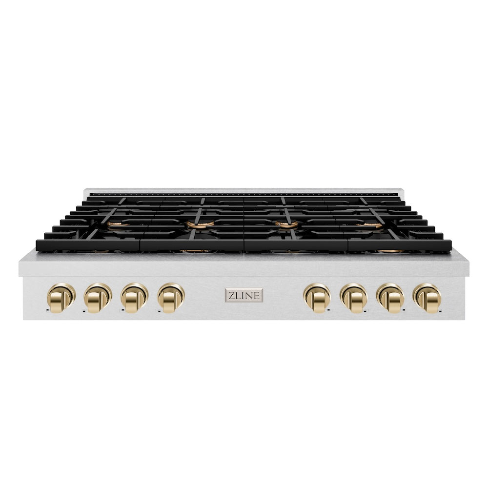 ZLINE Autograph Edition 48 in. Paramount Gas Rangetop with 8 Burners and Porcelain Cooktop in Satin Stainless Steel with Polished Gold Accents (SRTSZ-48-G)