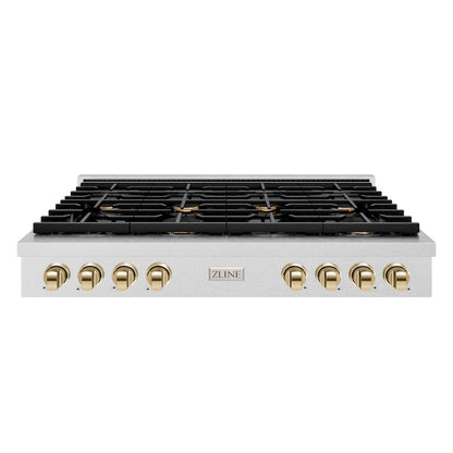 ZLINE Autograph Edition 48 in. Paramount Gas Rangetop with 8 Burners and Porcelain Cooktop in Satin Stainless Steel with Polished Gold Accents (SRTSZ-48-G)