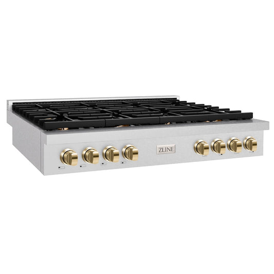 ZLINE Autograph Edition 48 in. Paramount Gas Rangetop with 8 Burners and Porcelain Cooktop in Satin Stainless Steel with Polished Gold Accents (SRTSZ-48-G)