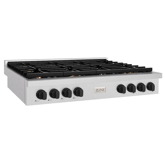 ZLINE Autograph Edition 48 in. Paramount Gas Rangetop with 8 Burners and Porcelain Cooktop in Satin Stainless Steel with Matte Black Accents (SRTSZ-48-MB)