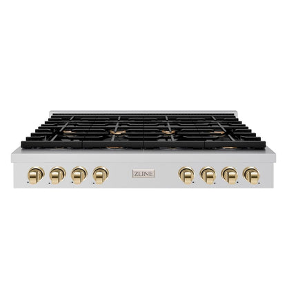 ZLINE Autograph Edition 48 in. Paramount Gas Rangetop with 8 Burners and Porcelain Cooktop in Stainless Steel with Polished Gold Accents (SRTZ-48-G)