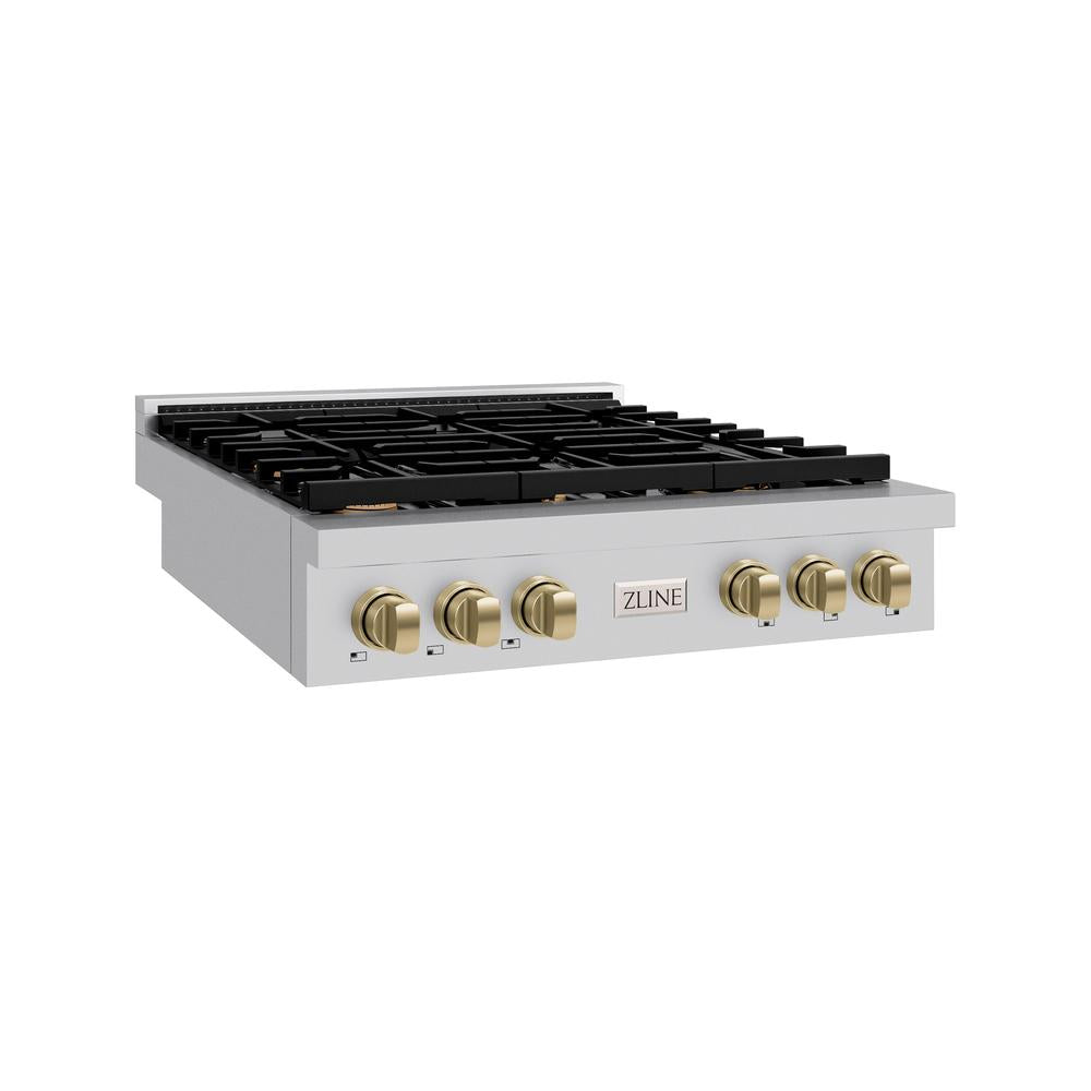 ZLINE Autograph Edition 36 in. Paramount Gas Rangetop with 6 Burners and Porcelain Cooktop in Stainless Steel with Champagne Bronze Accents (SRTZ-36-CB)