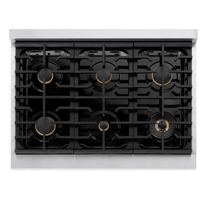 ZLINE Autograph Edition 36 in. Paramount Gas Rangetop with 6 Burners and Porcelain Cooktop in Stainless Steel with Champagne Bronze Accents (SRTZ-36-CB)
