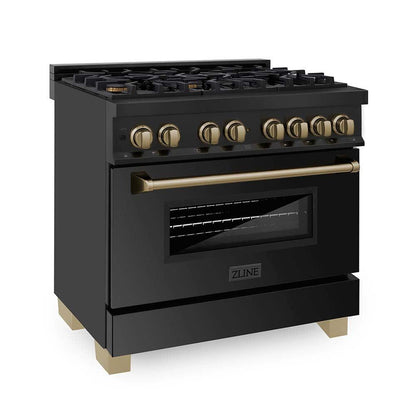 ZLINE Autograph Edition 36 in. Kitchen Package with Black Stainless Steel Dual Fuel Range, Range Hood, Dishwasher and Refrigerator Including Internal Water Dispenser with Champagne Bronze Accents (4AKPR-RABRHDWV36-CB)