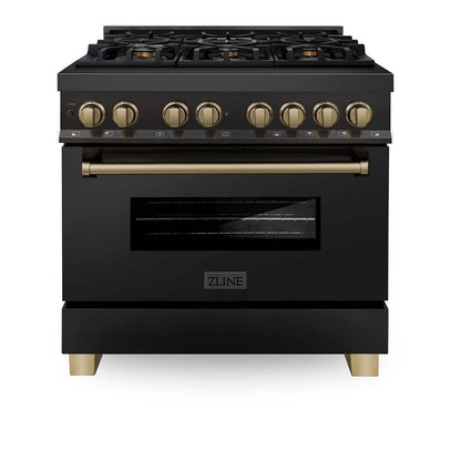 ZLINE Autograph Edition 36 in. Kitchen Package with Black Stainless Steel Dual Fuel Range, Range Hood, Dishwasher and Refrigerator Including Internal Water Dispenser with Champagne Bronze Accents (4AKPR-RABRHDWV36-CB)