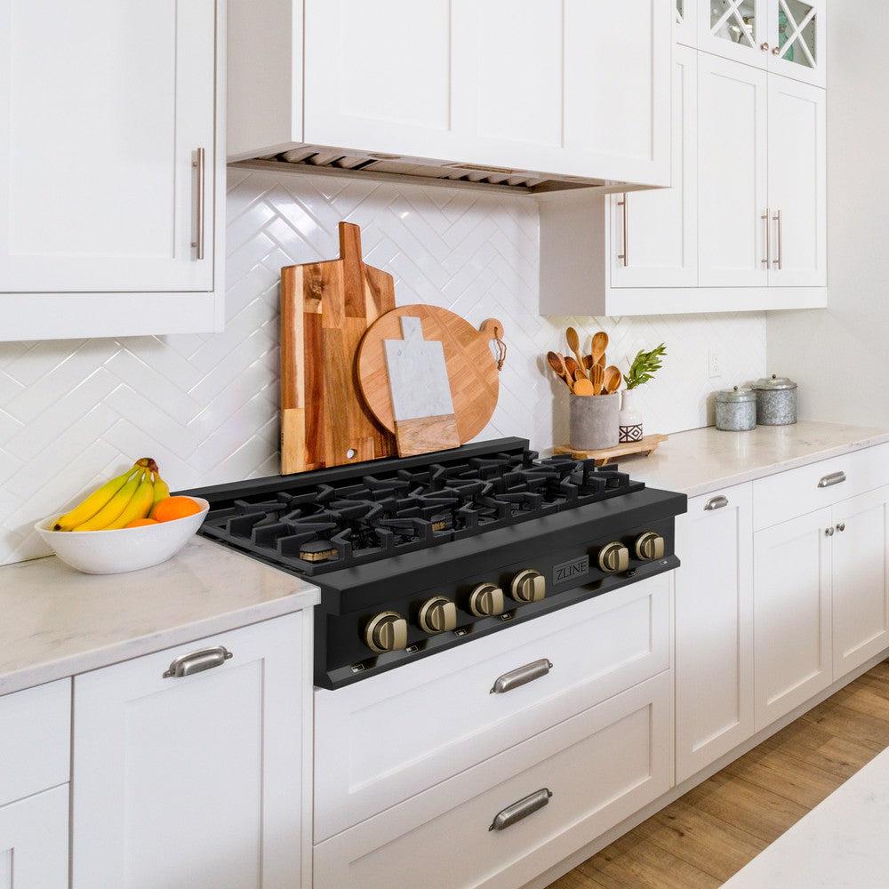 ZLINE Autograph Edition 36 in. Legacy Gas Rangetop with 6 Burners and Porcelain Cooktop in Black Stainless Steel with Champagne Bronze Accents (RTBZ-36-CB)