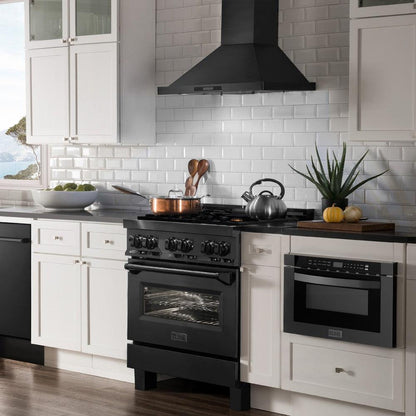 ZLINE Kitchen Package with Black Stainless Steel Refrigerator, 36 in. Dual Fuel Range, 36 in. Range Hood, Microwave Drawer, and 24 in. Tall Tub Dishwasher (5KPR-RABRH36-MWDWV)