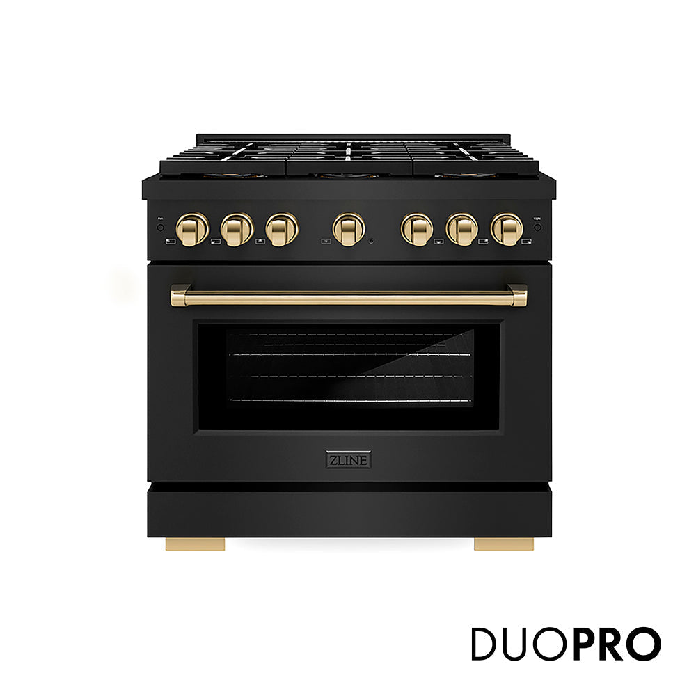 ZLINE Autograph Edition 36 in. 5.2 cu. ft. Paramount Dual Fuel Range with 6 Burner DuoPro™ Cooktop and Electric Convection Oven in Black Stainless Steel and Polished Gold Accents (PSDRBZ-36-G)