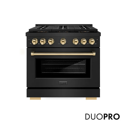 ZLINE Autograph Edition 36 in. 5.2 cu. ft. Paramount Dual Fuel Range with 6 Burner DuoPro™ Cooktop and Electric Convection Oven in Black Stainless Steel and Polished Gold Accents (PSDRBZ-36-G)