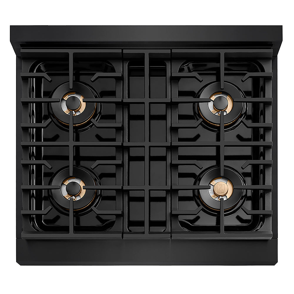 ZLINE Autograph Edition 30 in. 4.2 cu. ft. Paramount Gas Range with 4 Burner DuoPro™ Cooktop and Convection Gas Oven in Black Stainless Steel and Champagne Bronze Accents (PSGRBZ-30-CB)