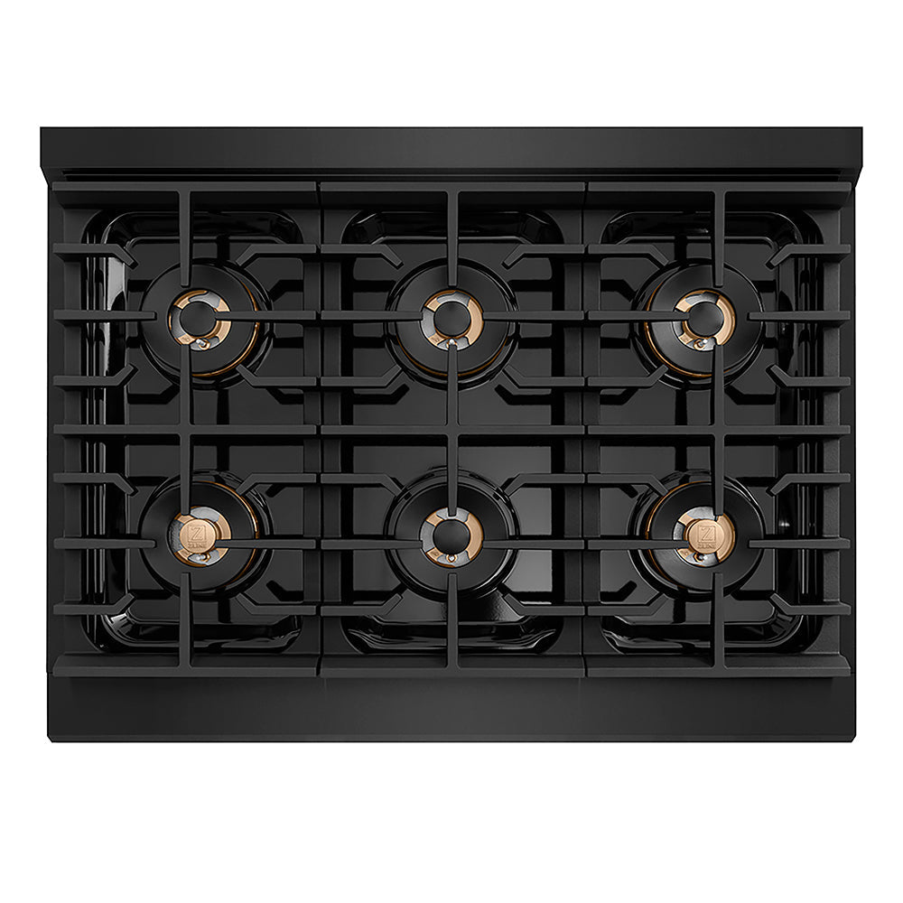 ZLINE Autograph Edition 36 in. 5.2 cu. ft. Paramount Gas Range with 6 Burner DuoPro™ Cooktop and Convection Gas Oven in Black Stainless Steel and Champagne Bronze Accents (PSGRBZ-36-CB)