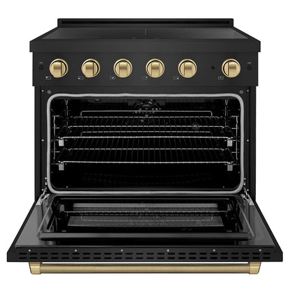 ZLINE Autograph Edition 36 in. 5.2 cu. ft. Paramount Induction Range with 5 Element Cooktop and Electric Convection Oven in Black Stainless Steel with Champagne Bronze Helix Handle and Knob Accents (SINRBZ-36-KCB)